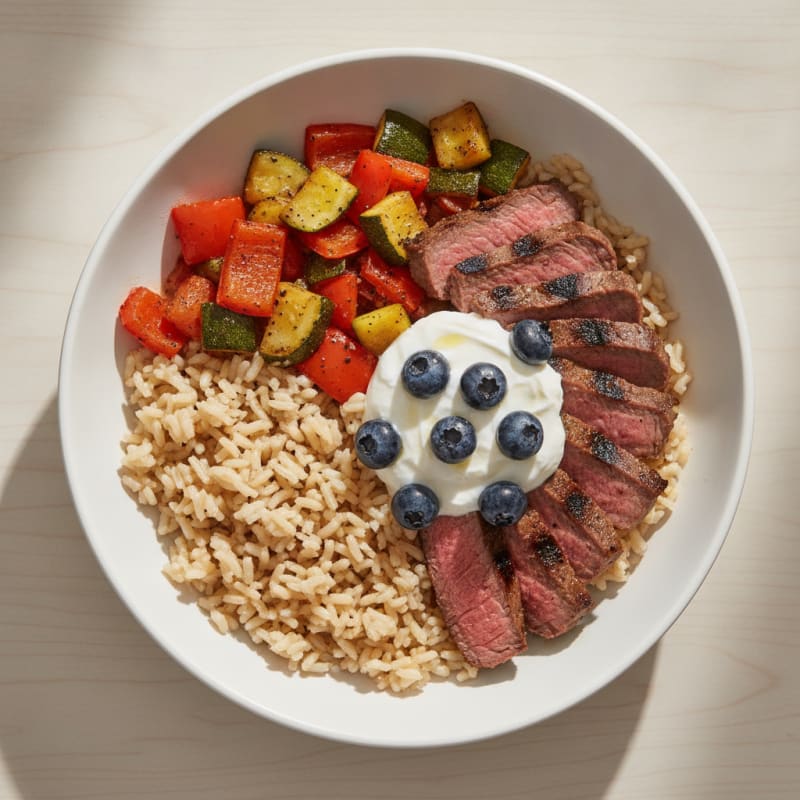 Grilled Steak Rice Bowl with Roasted Vegetables