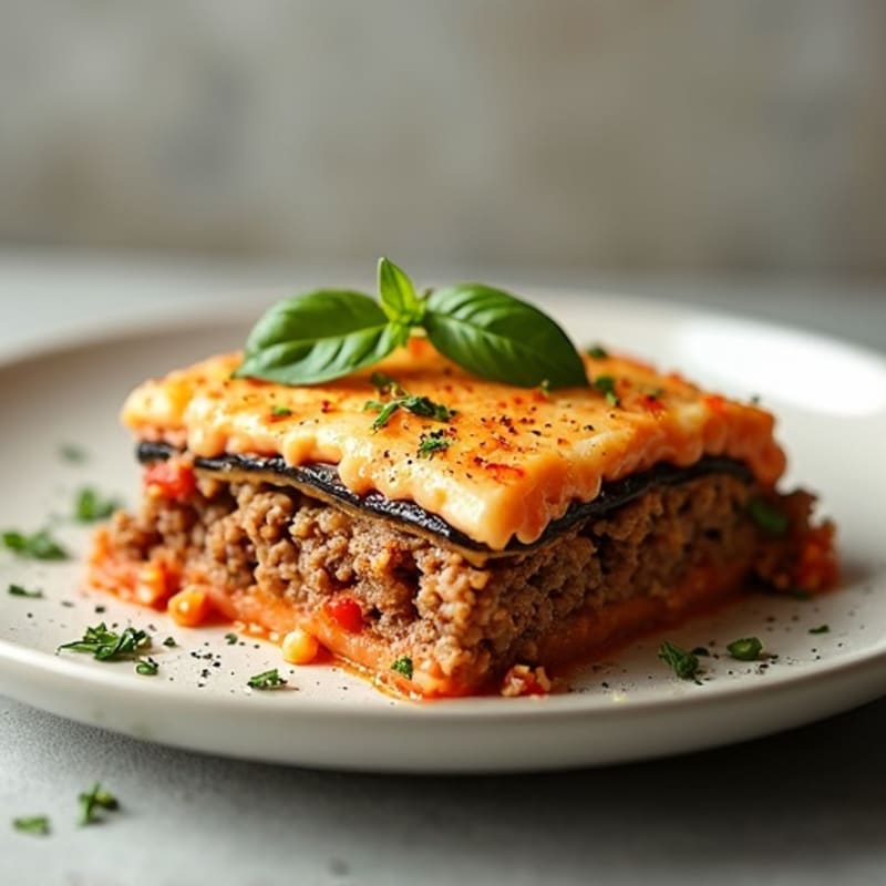 Layered Eggplant and Beef Casserole with Creamy Cashew Bechamel