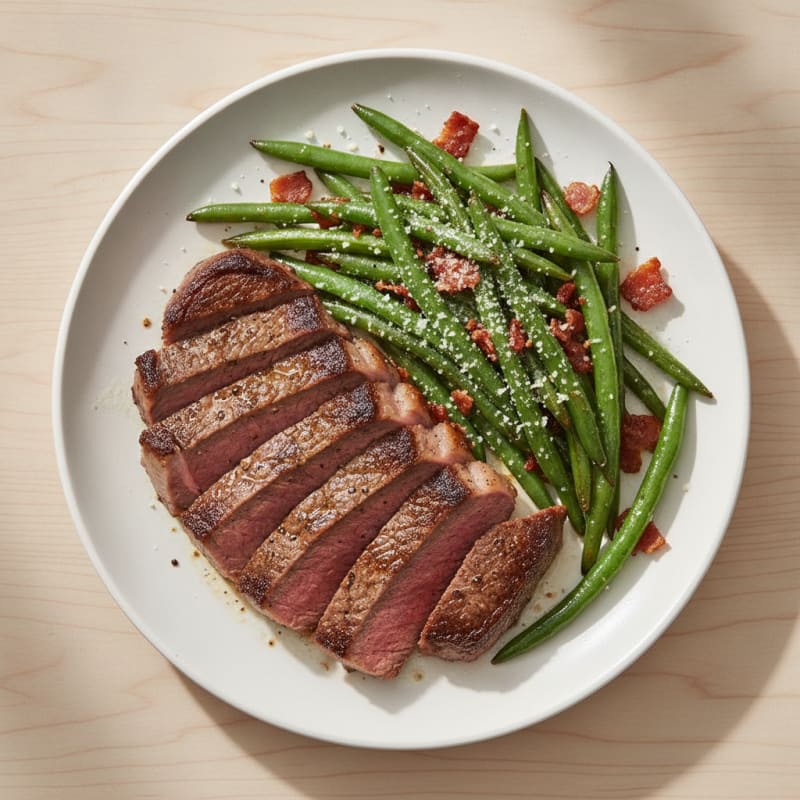 Seared Beef Steak with Garlic Green Beans and Parmesan