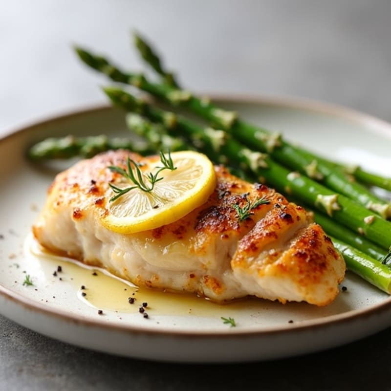 Lemon Garlic Pan Seared Chicken with Roasted Asparagus