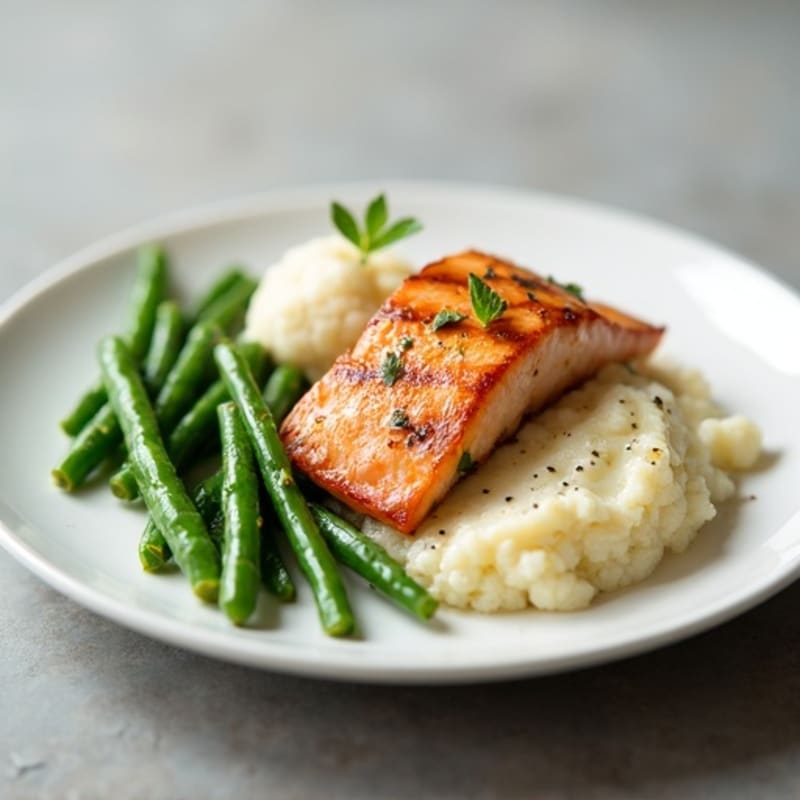 Seared Salmon with Garlic Green Beans and Cauliflower Mash