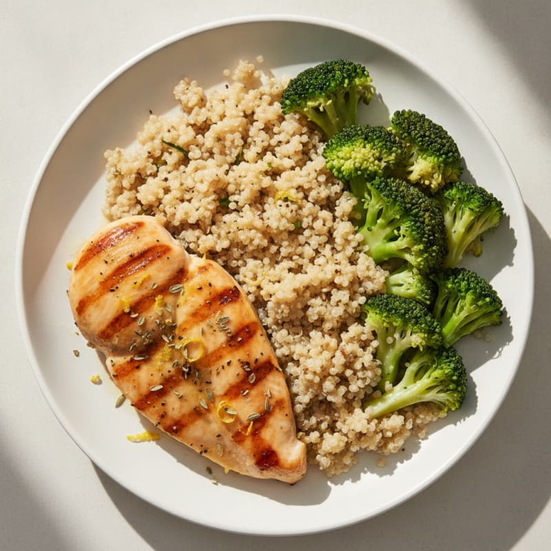 Grilled Lemon Herb Chicken Breast with Quinoa and Steamed Broccoli