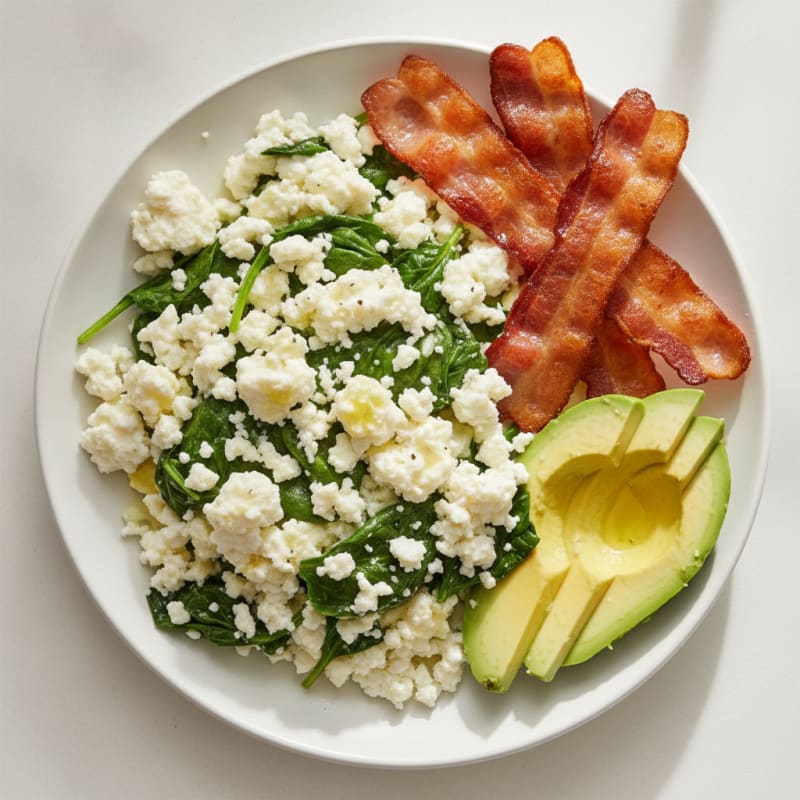 Egg White and Cottage Cheese Scramble with Spinach and Turkey Bacon