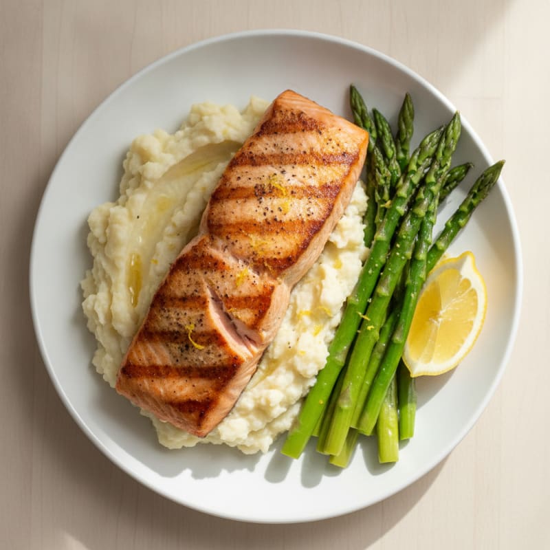 Seared Salmon with Steamed Asparagus and Garlic Mashed Cauliflower