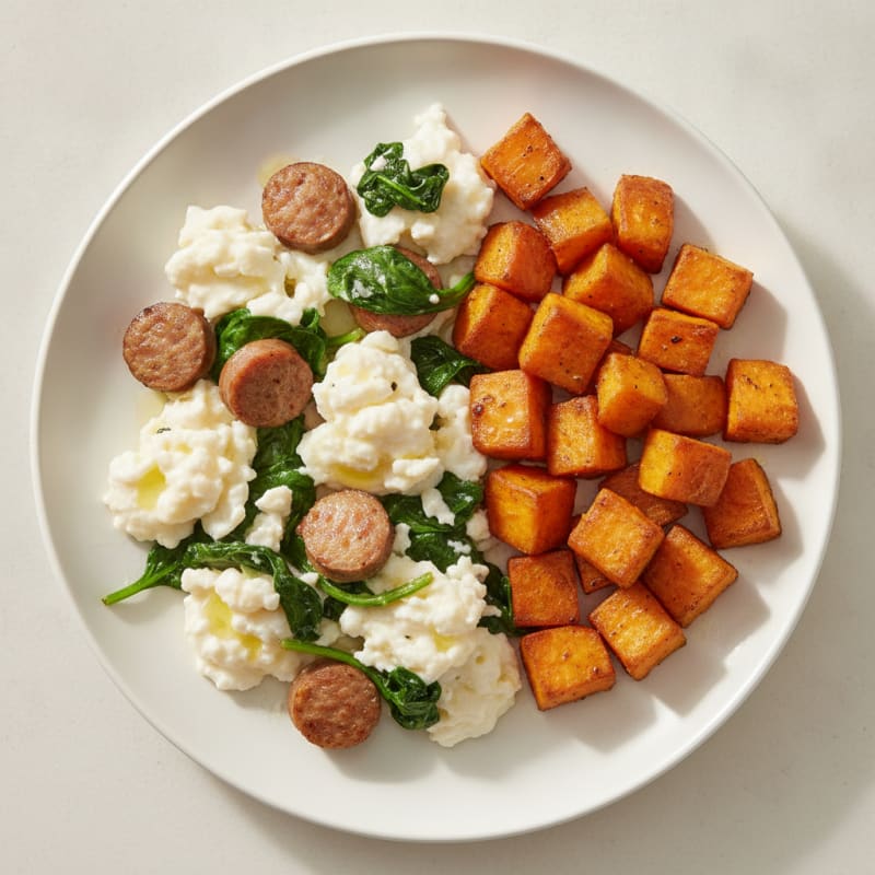 Egg White and Turkey Sausage Scramble with Spinach and Roasted Sweet Potatoes
