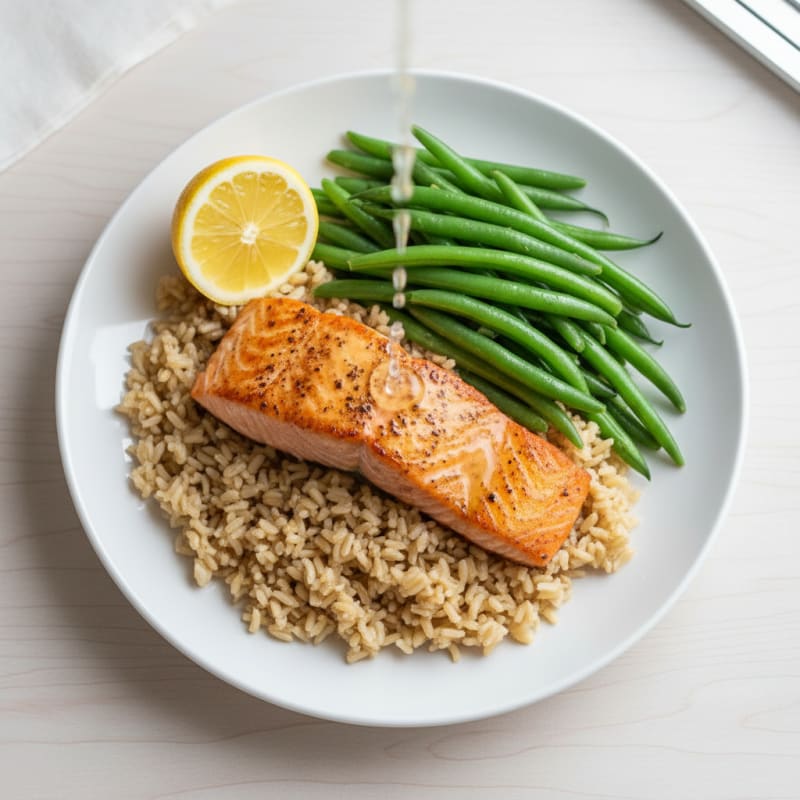 Seared Salmon with Steamed Green Beans and Brown Rice