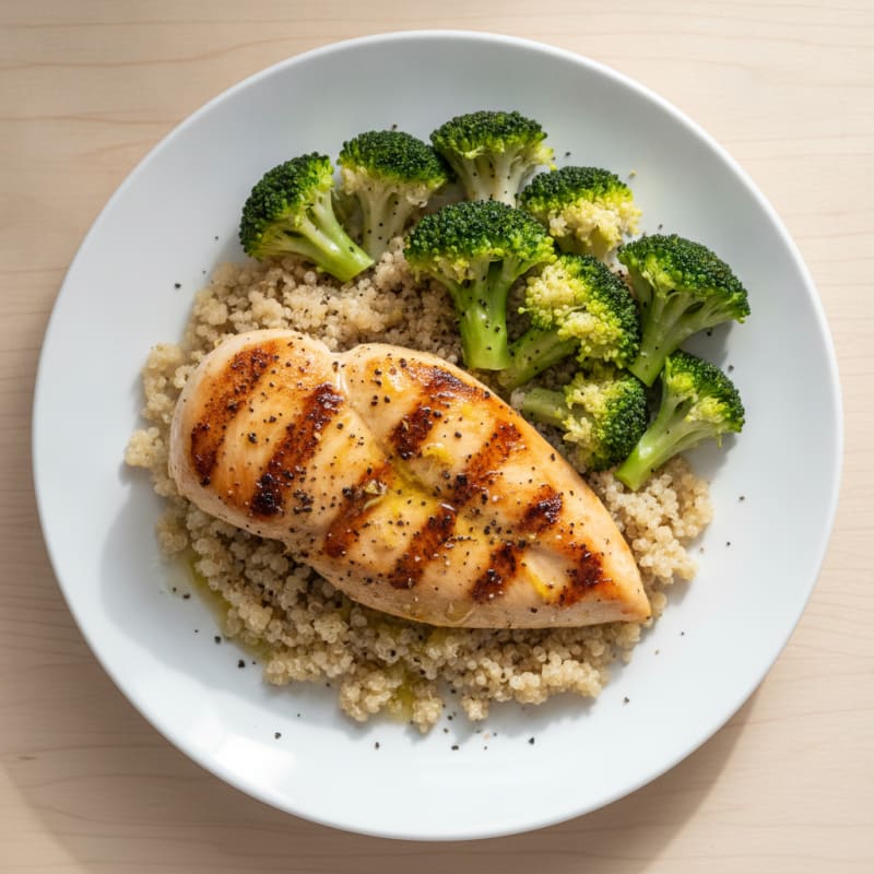 Grilled Lemon Pepper Chicken with Quinoa and Steamed Broccoli