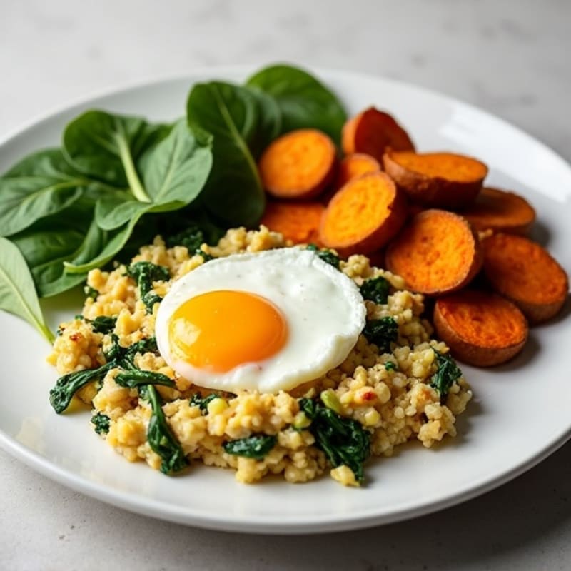 Egg White and Turkey Spinach Scramble with Roasted Sweet Potatoes