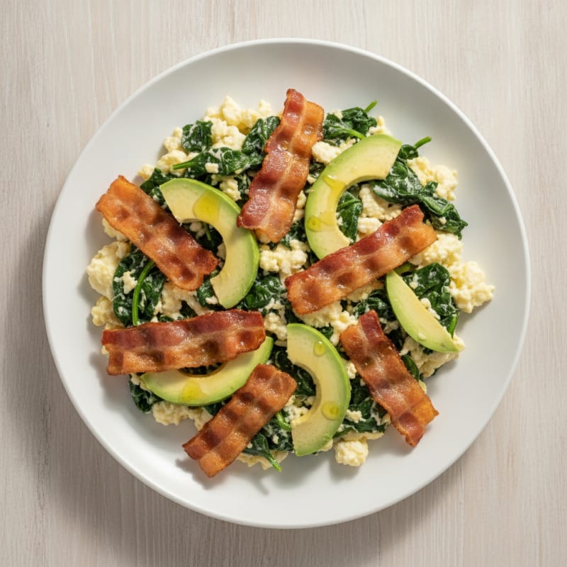 Crispy Turkey Bacon Egg White Scramble with Spinach