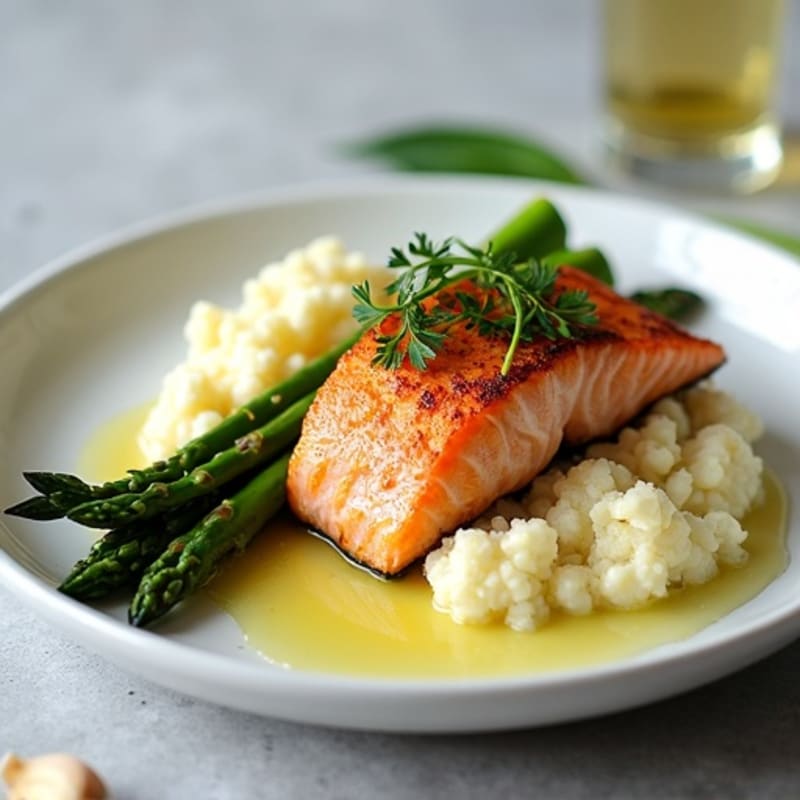Seared Salmon with Steamed Asparagus and Garlic Cauliflower Mash