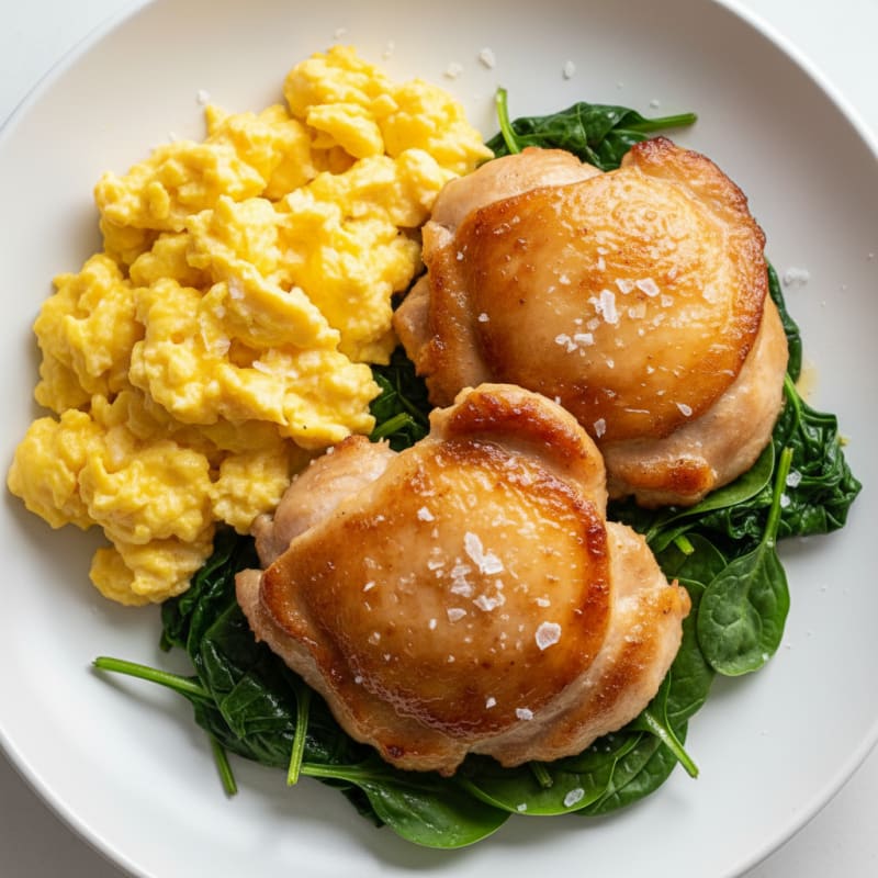 Scrambled Eggs with Pan Seared Spinach and Chicken Thighs