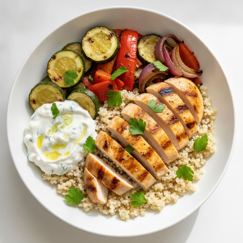 Grilled Chicken and Roasted Vegetable Bowl with Quinoa