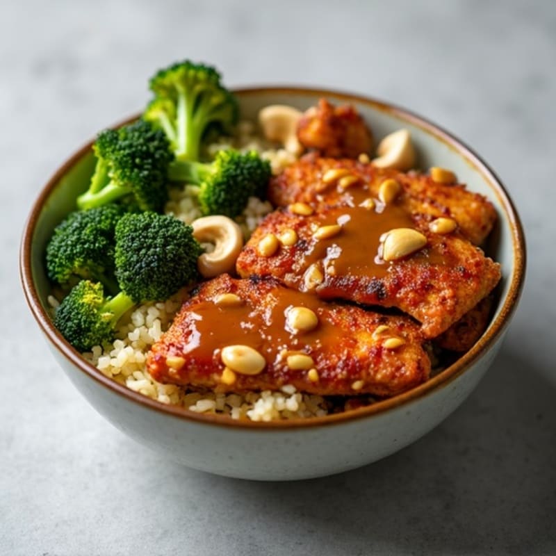 Crispy Peanut Chicken Bowl with Roasted Broccoli and Crunchy Cashews
