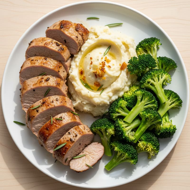 Herb-Roasted Pork Tenderloin with Steamed Broccoli and Garlic Mashed Potatoes
