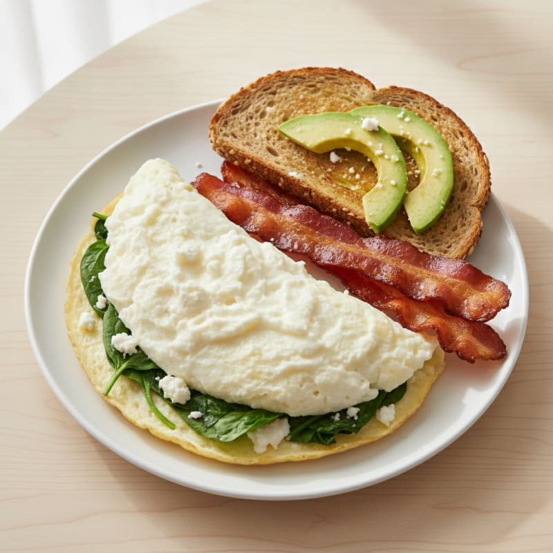 Crispy Turkey Bacon and Spinach Egg White Omelet with Toast
