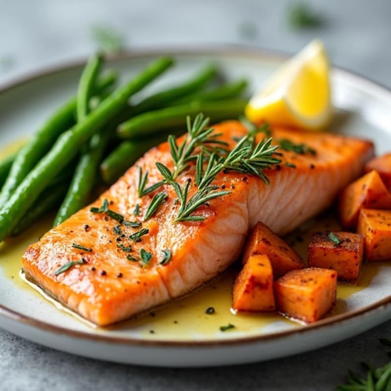 Herb-Roasted Salmon with Roasted Sweet Potatoes and Green Beans