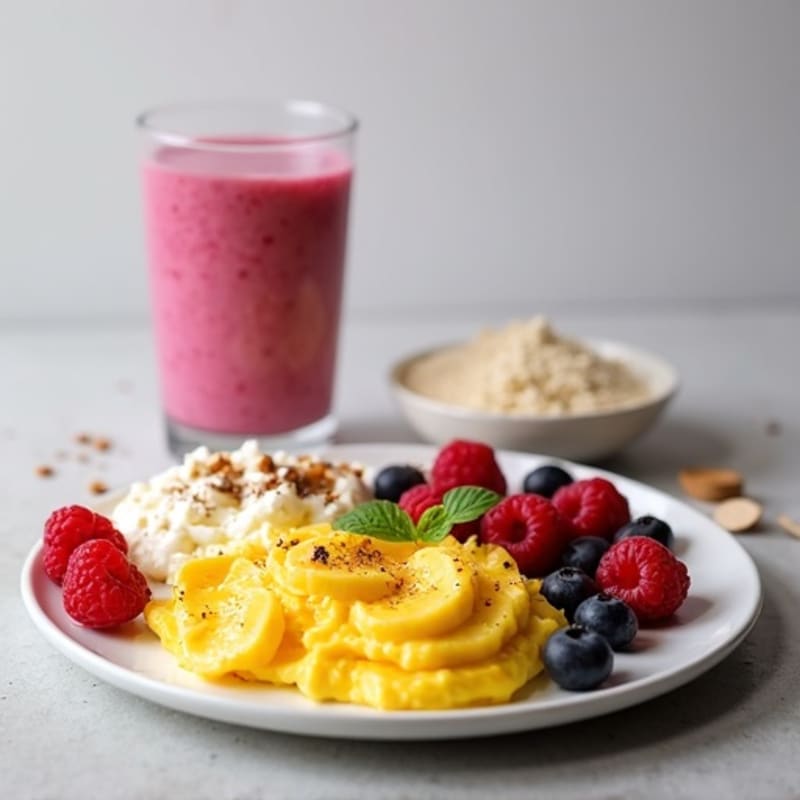 Scrambled Eggs and Creamy Cottage Cheese with a Berry Protein Smoothie