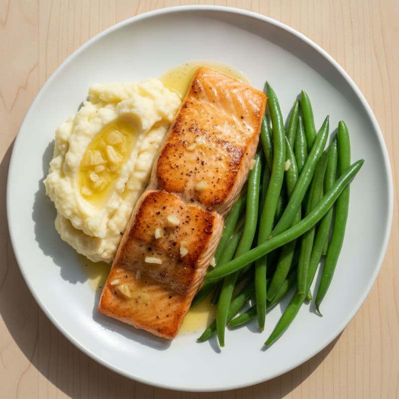 Seared Salmon with Steamed Green Beans and Garlic Mashed Cauliflower