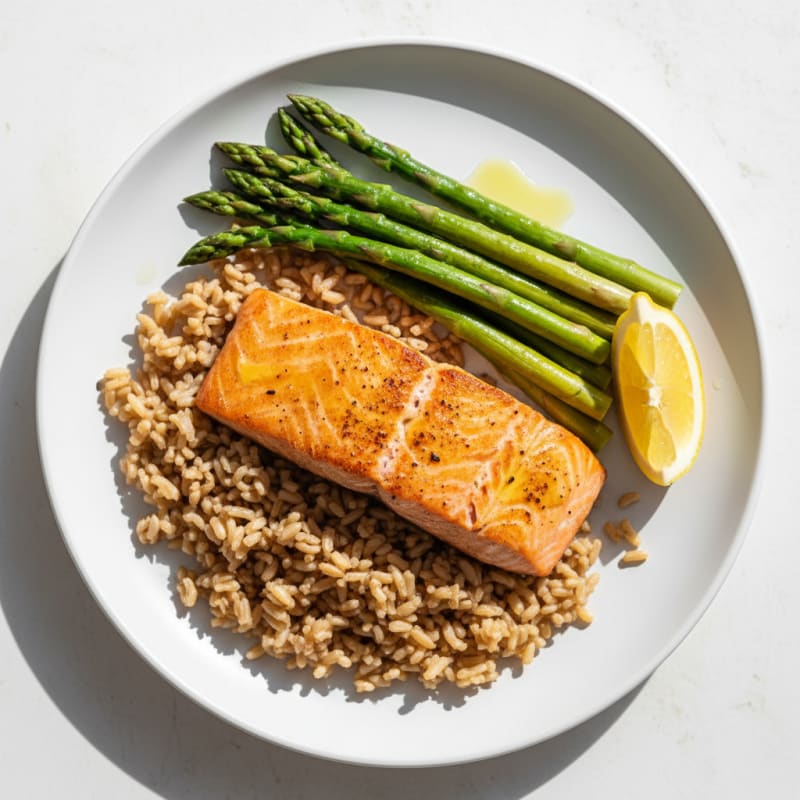 Seared Salmon Fillet with Steamed Asparagus and Brown Rice
