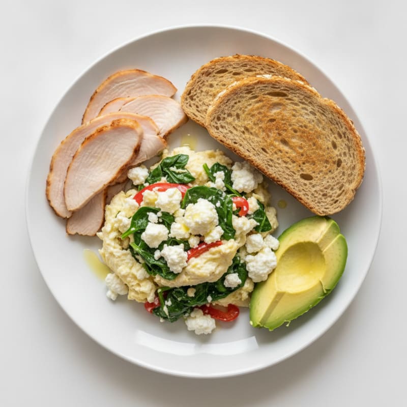 Egg White Veggie Scramble with Cottage Cheese and Sliced Turkey