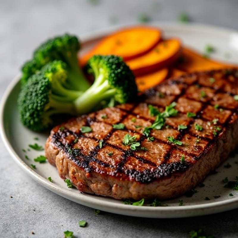 Grilled Steak with Roasted Broccoli and Sweet Potato Wedges