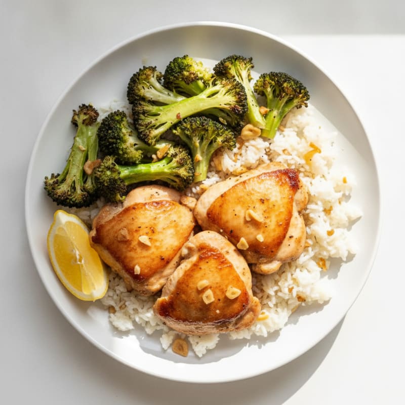 Seared Chicken Thighs with Roasted Broccoli and Garlic Rice