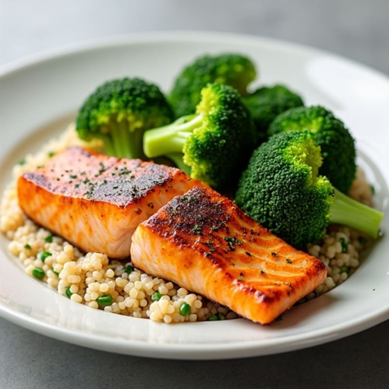 Seared Salmon with Steamed Broccoli and Quinoa