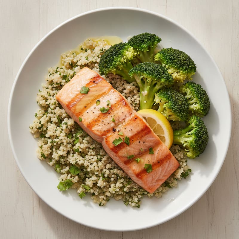 Pan-Seared Salmon with Steamed Broccoli and Herb Quinoa