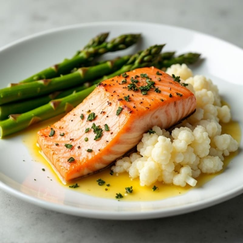 Seared Salmon with Steamed Asparagus and Garlic Mashed Cauliflower