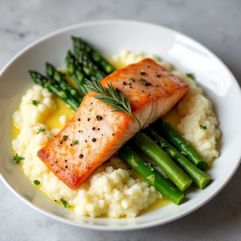 Seared Salmon with Steamed Asparagus and Cauliflower Mash