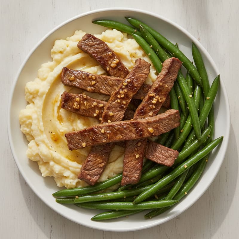 Seared Lean Beef Strips with Steamed Green Beans and Mashed Cauliflower