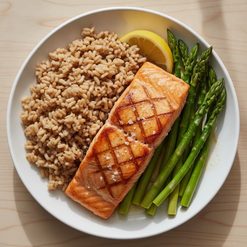Seared Salmon with Steamed Asparagus and Brown Rice