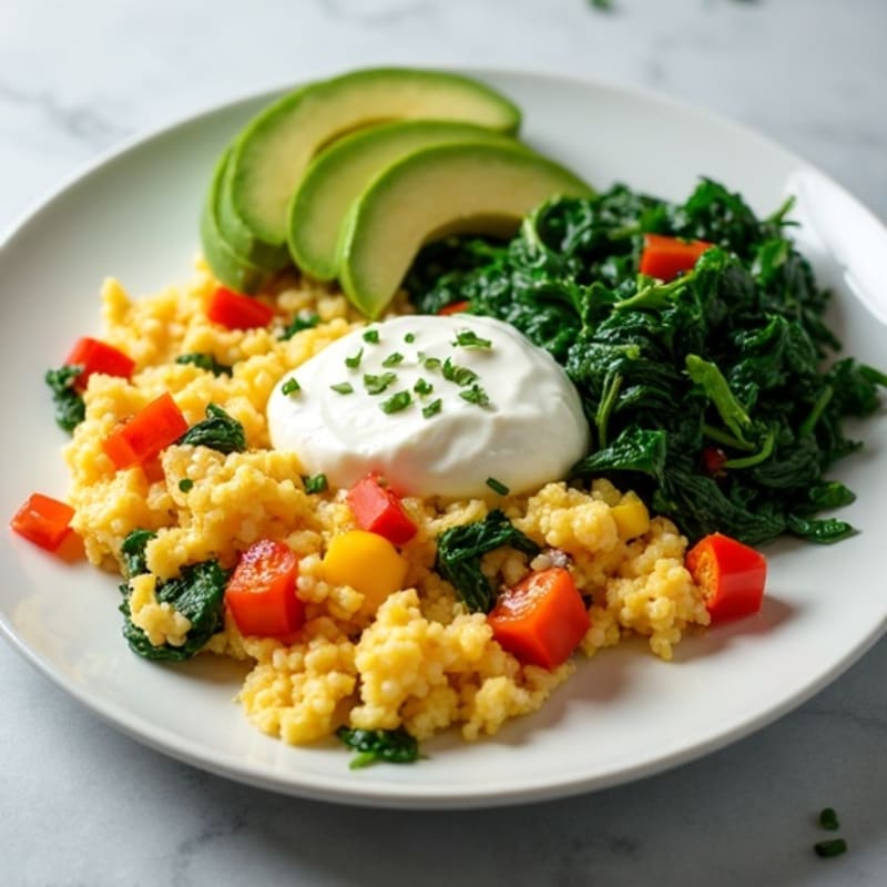 Egg White Veggie Scramble with Cottage Cheese and Sautéed Spinach