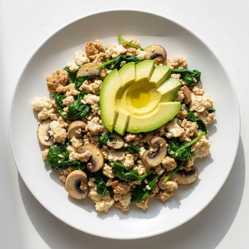 Egg White and Turkey Scramble with Spinach and Mushrooms