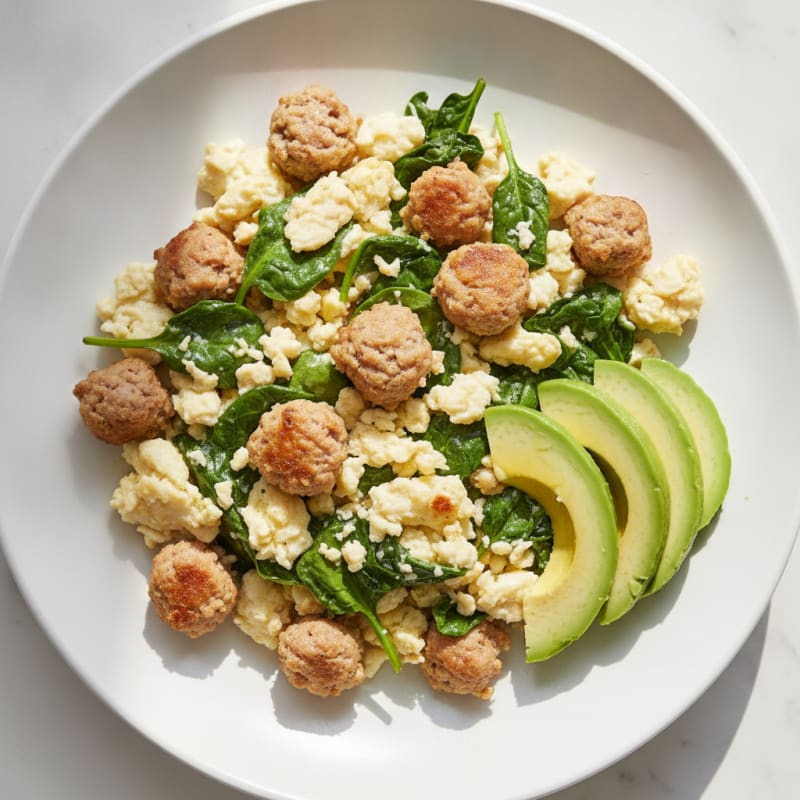 Egg White and Turkey Sausage Scramble with Sautéed Spinach