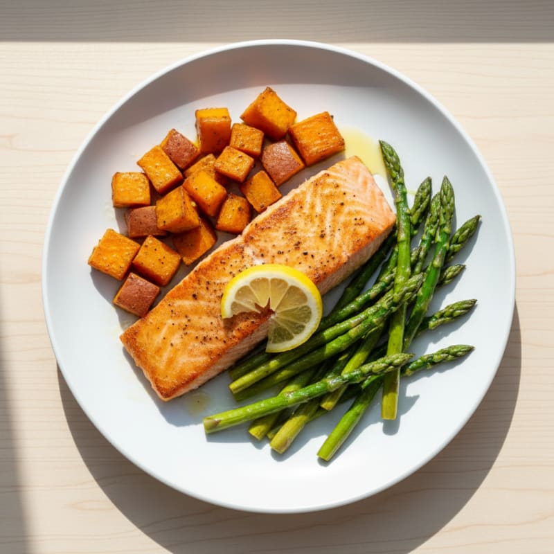 Seared Salmon with Roasted Sweet Potato and Asparagus