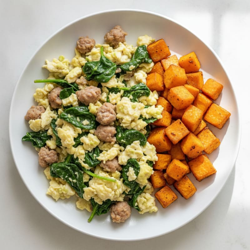 Egg White and Turkey Sausage Scramble with Spinach and Roasted Sweet Potato