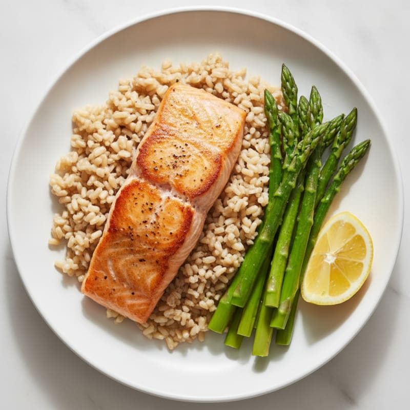 Seared Salmon with Steamed Asparagus and Brown Rice