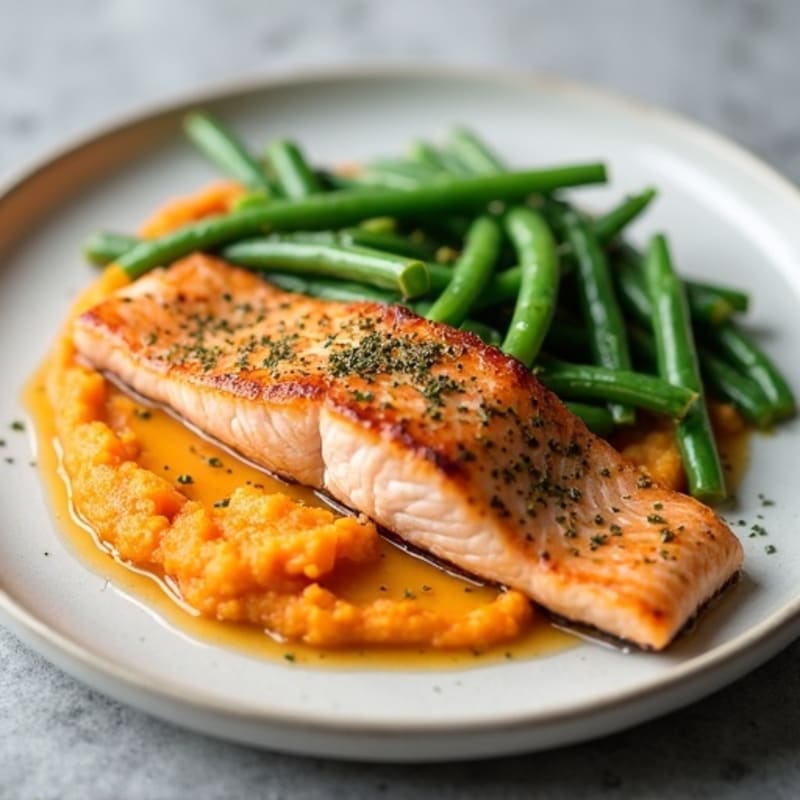 Seared Salmon with Garlic Green Beans and Sweet Potato Mash