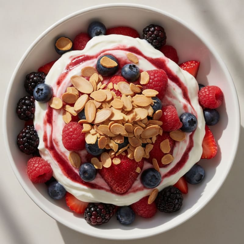 Greek Yogurt Protein Parfait with Mixed Berries and Almonds