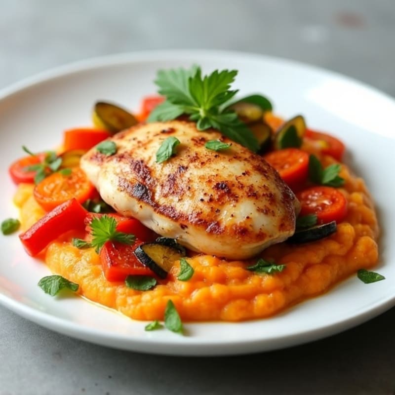 Seared Chicken Breast with Roasted Vegetables and Sweet Potato Mash