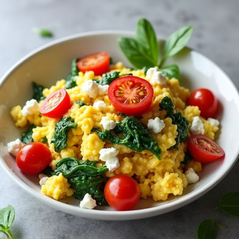 Fluffy Scrambled Eggs with Sautéed Spinach and Cherry Tomatoes