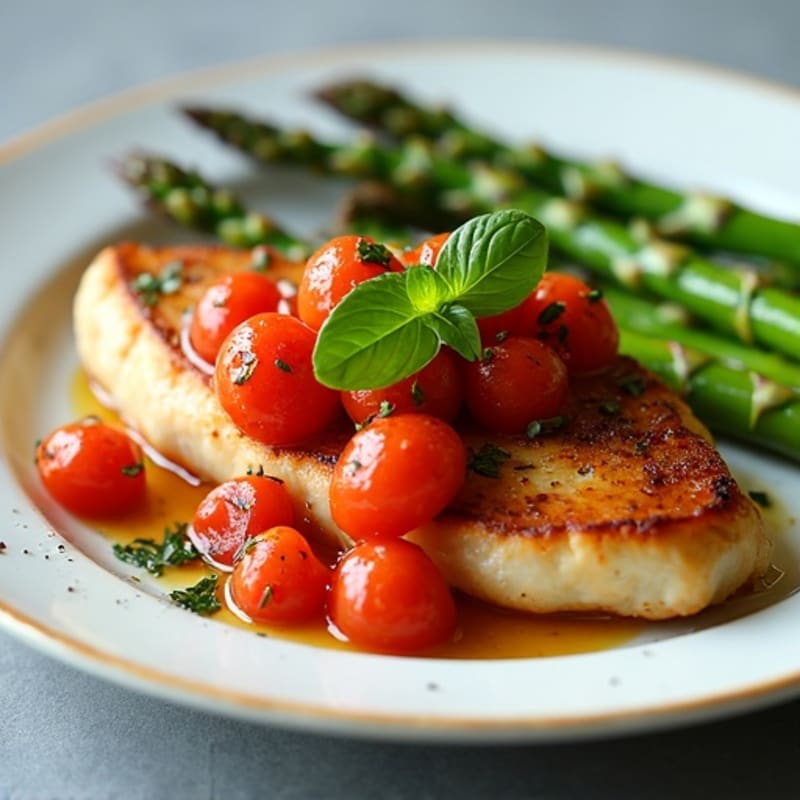 Pan-Seared Chicken Breast with Fresh Tomato-Basil Sauce and Roasted Asparagus