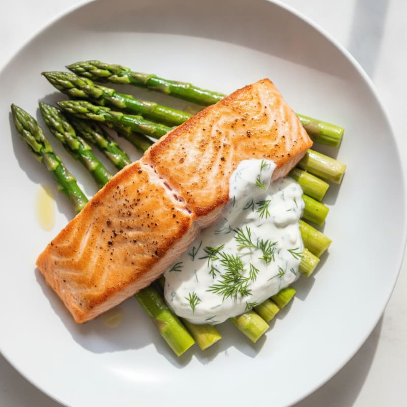 Seared Salmon with Steamed Asparagus and Herb Yogurt Sauce