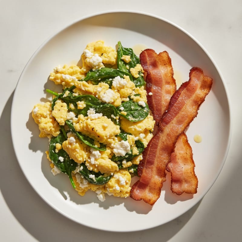 Cottage Cheese and Egg Scramble with Spinach and Turkey Bacon