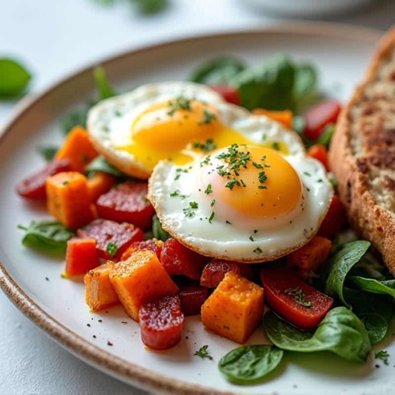 Sweet Potato Hash with Crispy Turkey Bacon and Poached Eggs