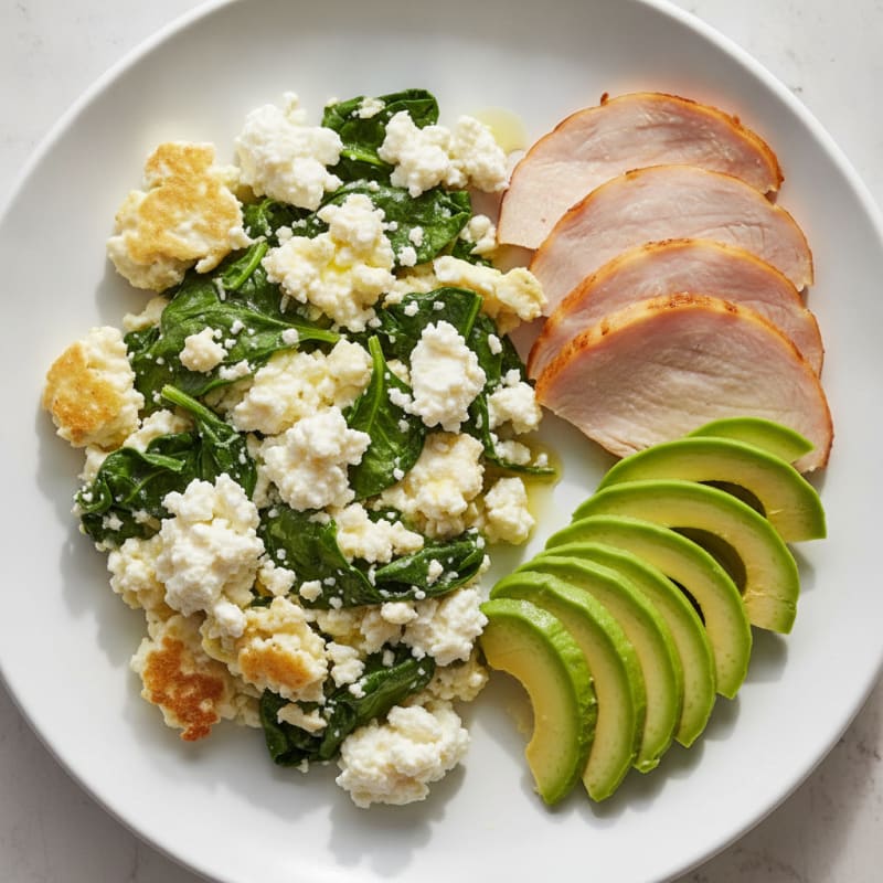 Egg White Spinach Scramble with Cottage Cheese and Sliced Turkey