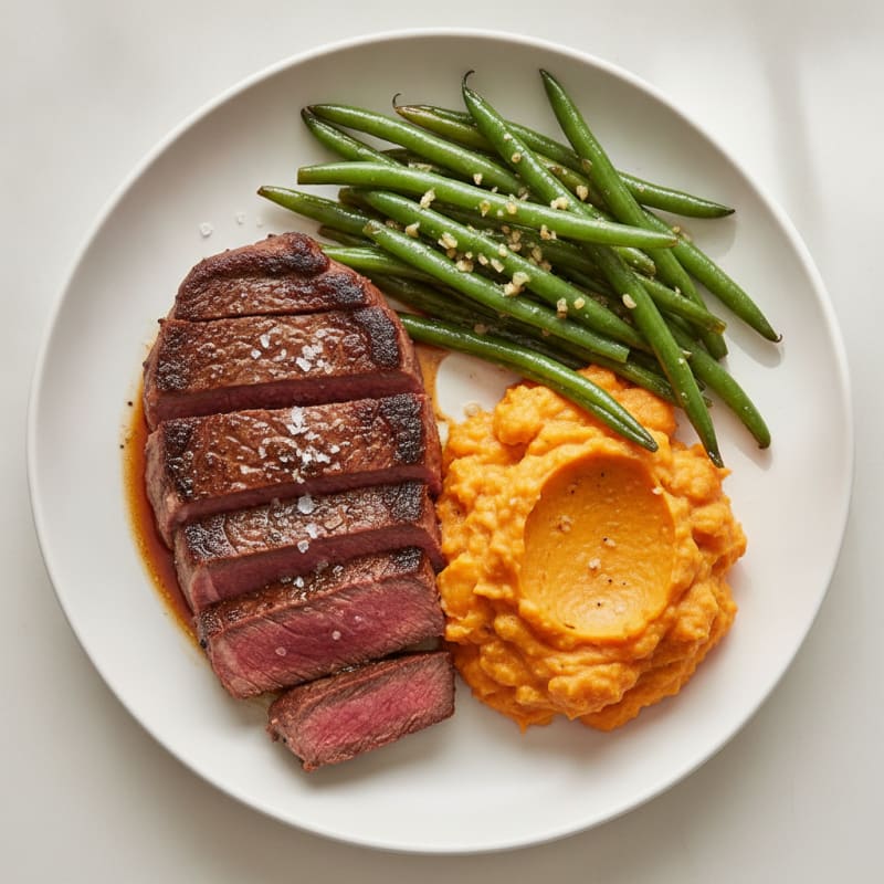 Seared Sirloin Steak with Garlic Green Beans and Sweet Potato Mash