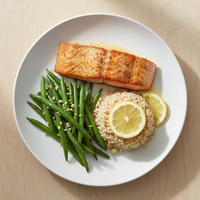 Seared Salmon with Garlic Green Beans and Brown Rice