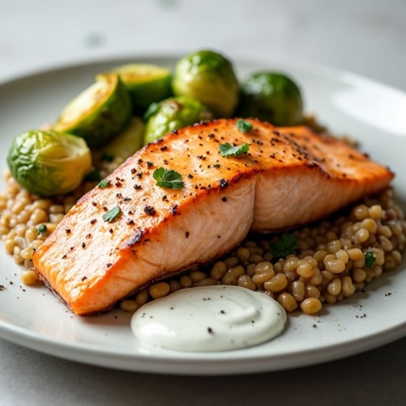 Seared Salmon Fillet with Roasted Brussels Sprouts and Lentil Mash